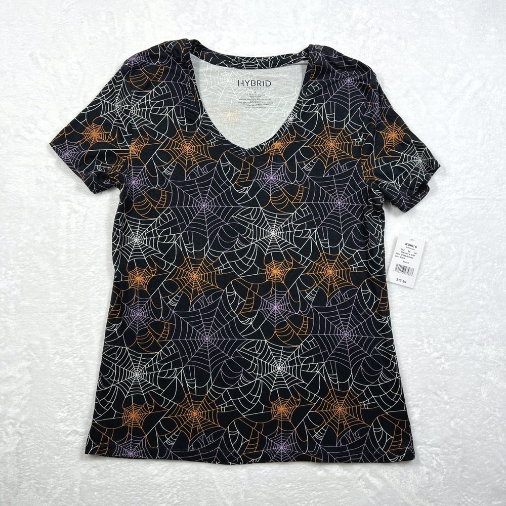 Hybrid Apparel Womens Halloween Spiderweb V-Neck Graphic Tee Black Small NWT